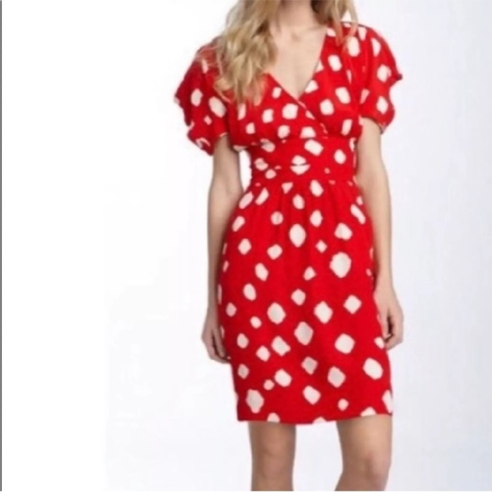 Anthropologie Silk Leifsdottir Shibori Red Cold Shoulder Dress Polka Dot Women 6
